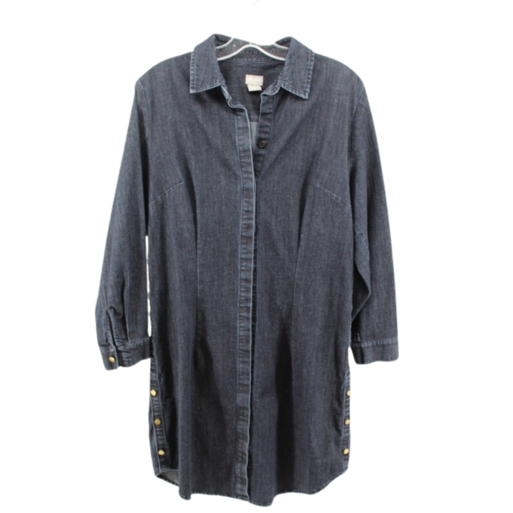 Chicos Black Denim Shirt Dress Womens Size 1 Button Front Long Sleeve Casual